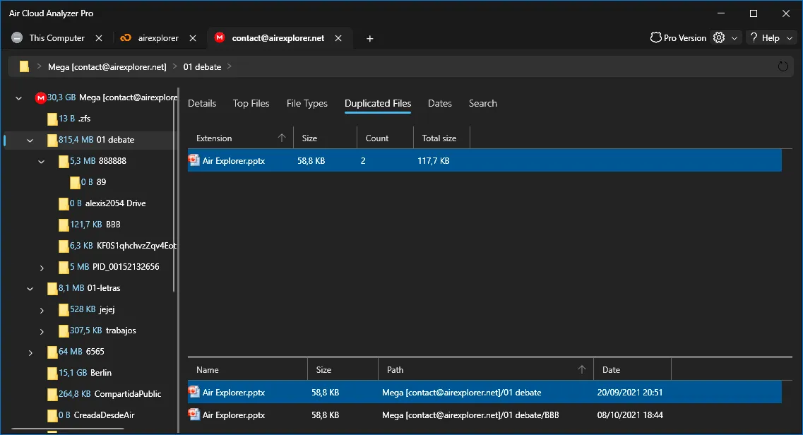Análisis de Archivos duplicados con los grupos y la ubicación de cada copia