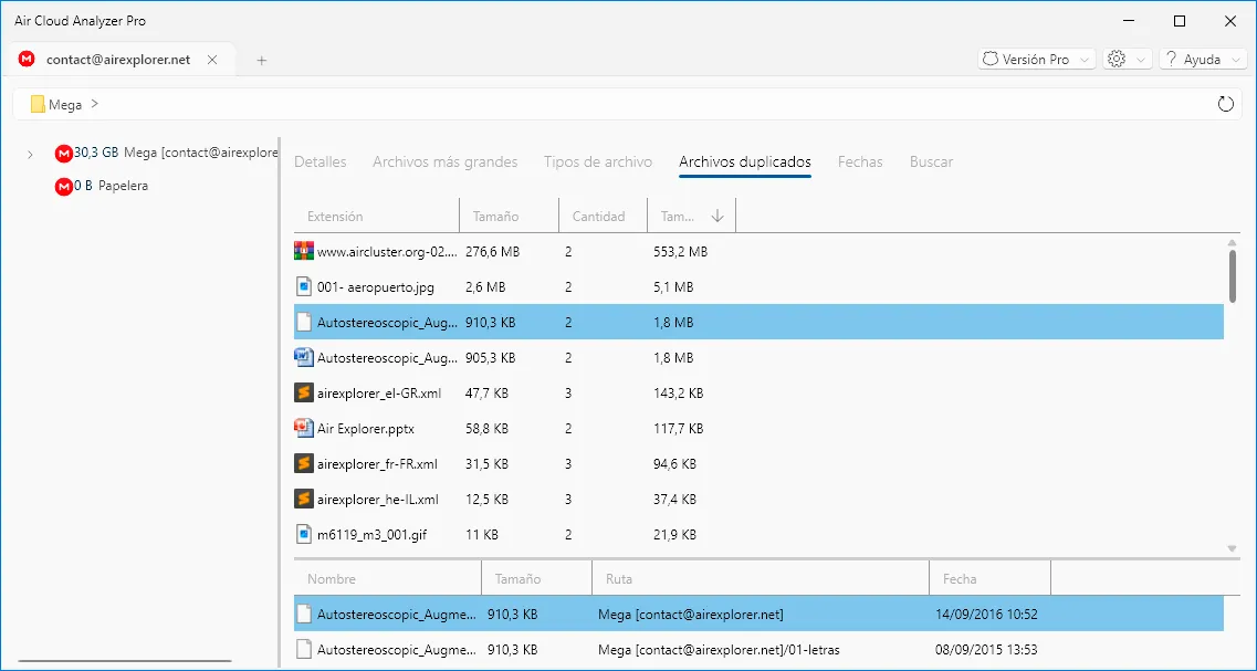 Grupos de duplicados y rutas de cada archivo en la interfaz clara