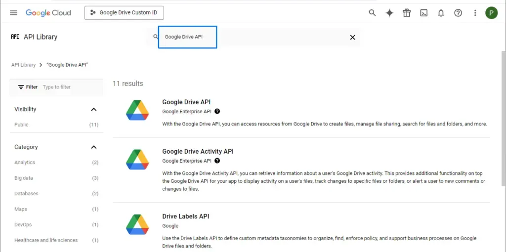 Select Google Drive API