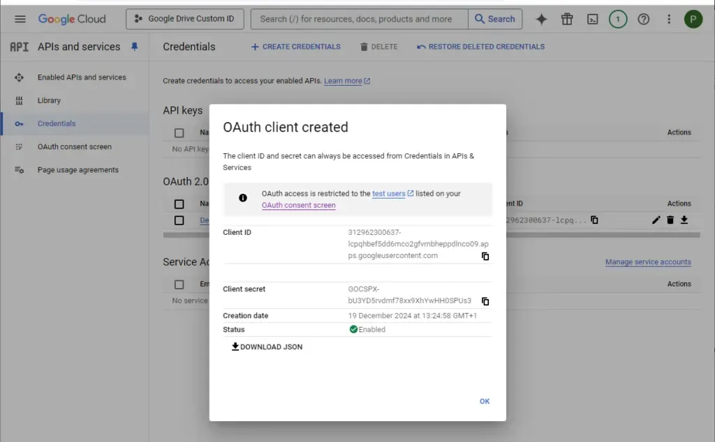 Copy the Client ID and Client Secret