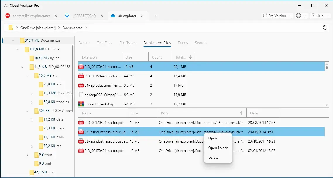 Duplicate analysis showing the largest files in OneDrive