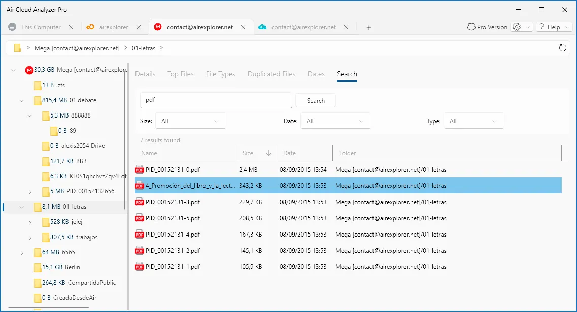 Resultados de búsqueda de archivos PDF en Air Cloud Analyzer