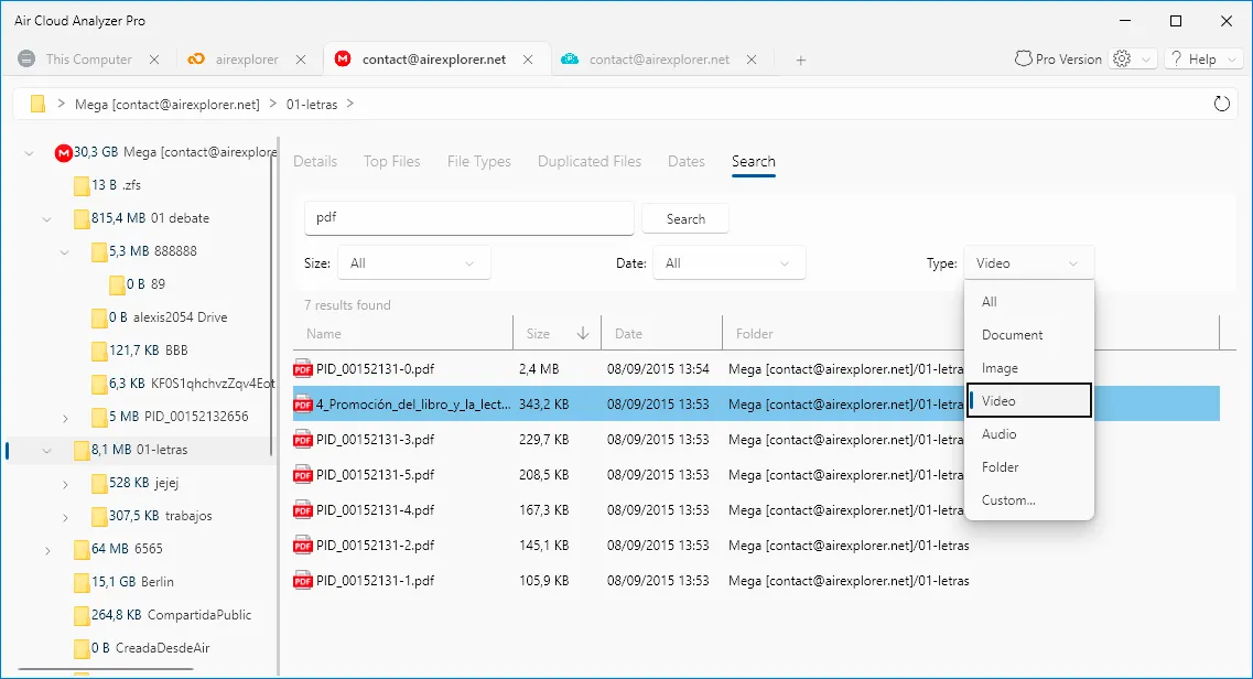 Filtros por tipo para documentos, imágenes, vídeos, audio y carpetas